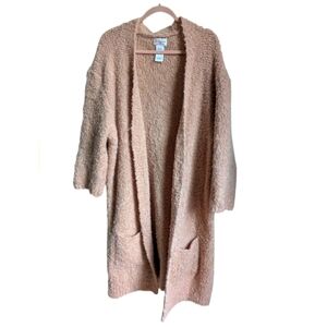 Italian Blush Pink Mohair & Wool Boucle Knit Long Lined Open Front Cardigan XL